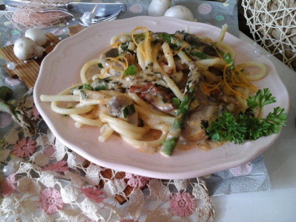 Tejszínes-sajtos Carbonara pirított spárgával és gombával7